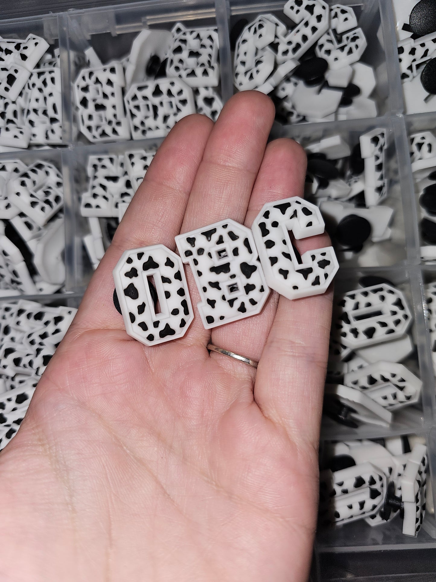 Black and white cow print letter shoe charms