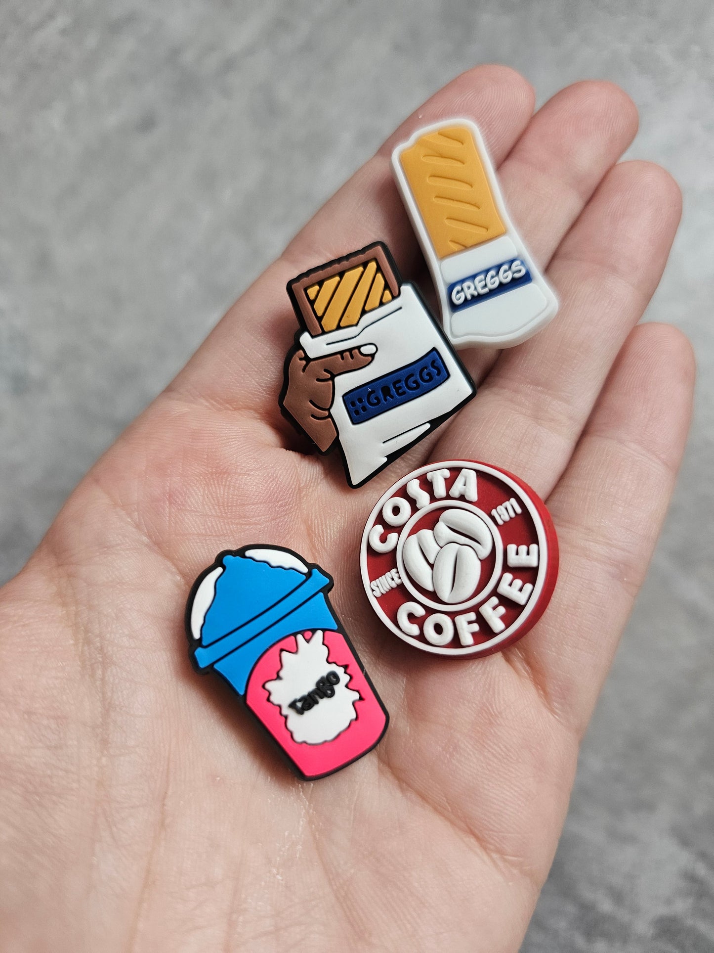 Food shoe charms, greggs, Costa tango
