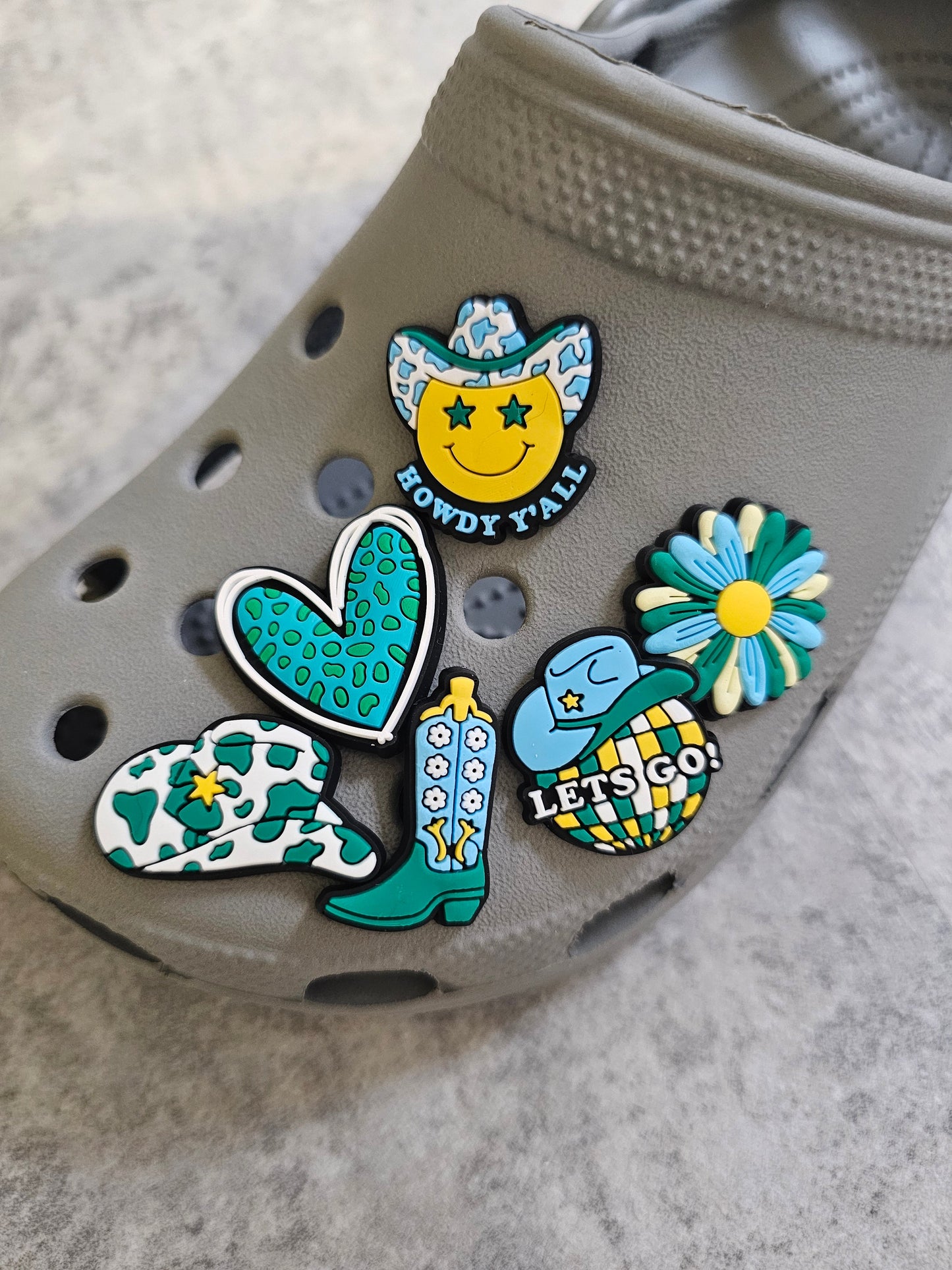 Country and western, green shoe charms. Cowboy, cowgirl, Country, western accessories