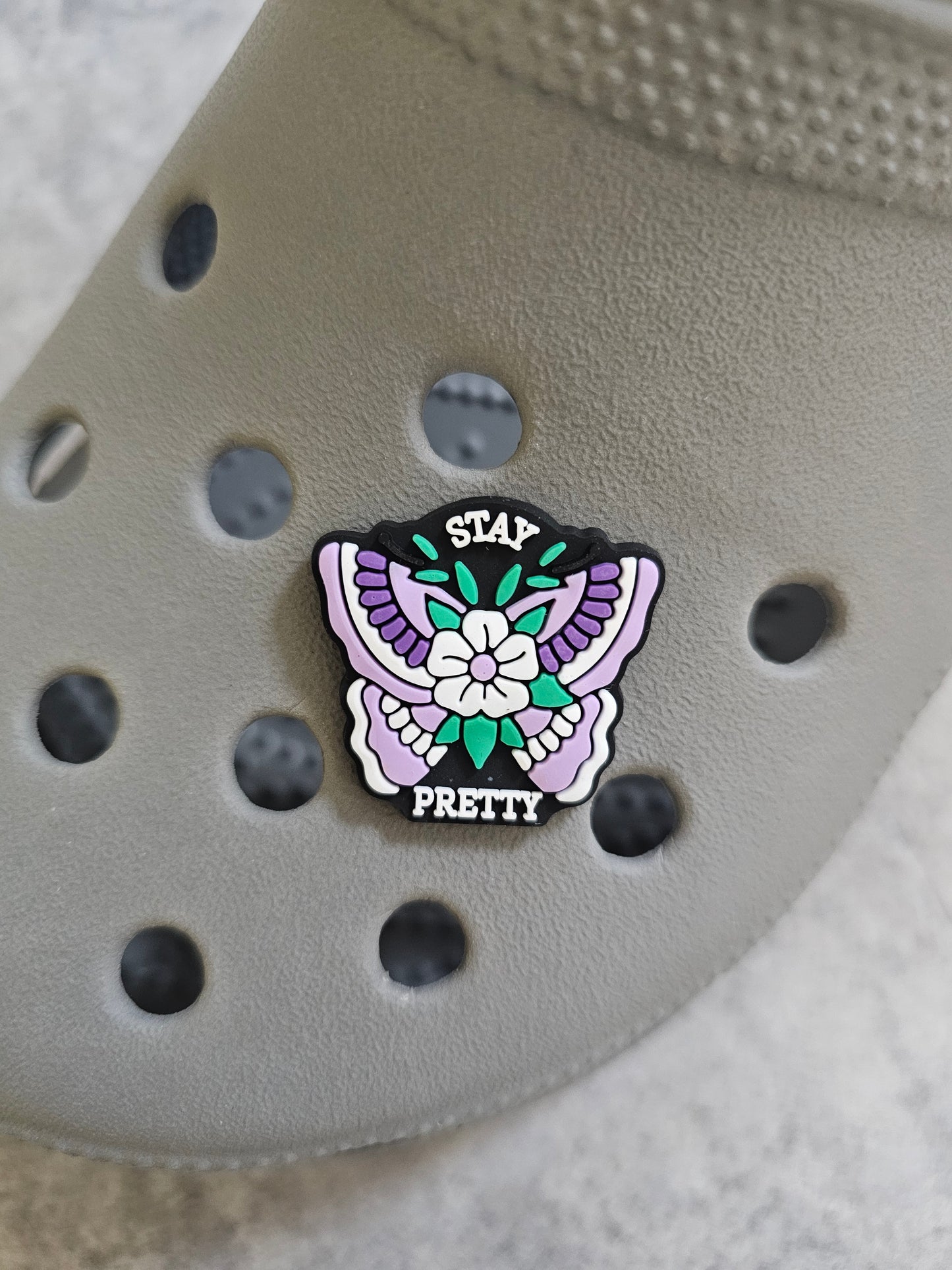 Stay pretty purple butterfly shoe charm