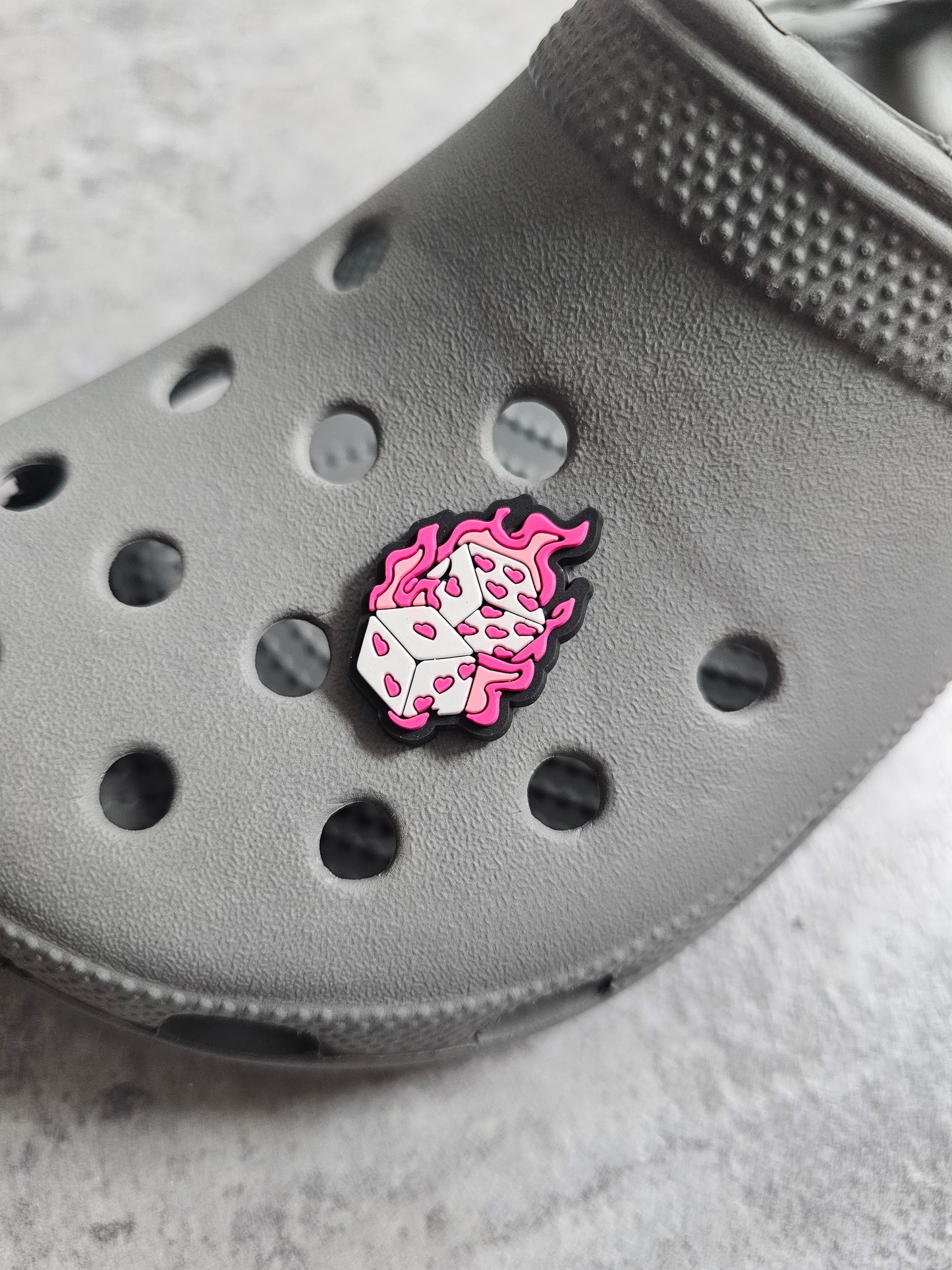 Pink fire dice shoe charm