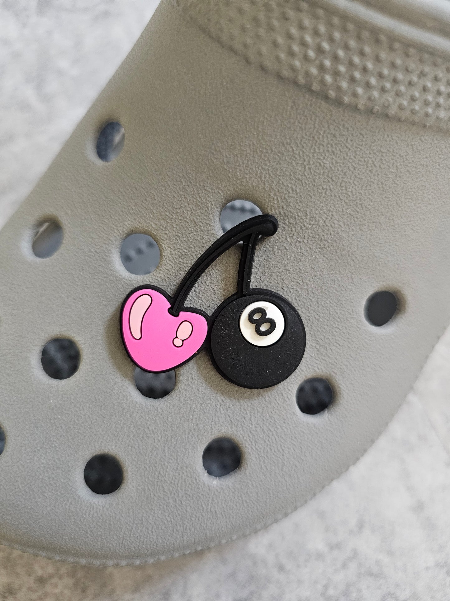 Cherries, pink heart and magic 8 ball shoe charm