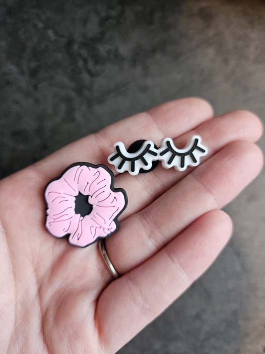 Girly, hair scrunchie, eyelashes shoe charm