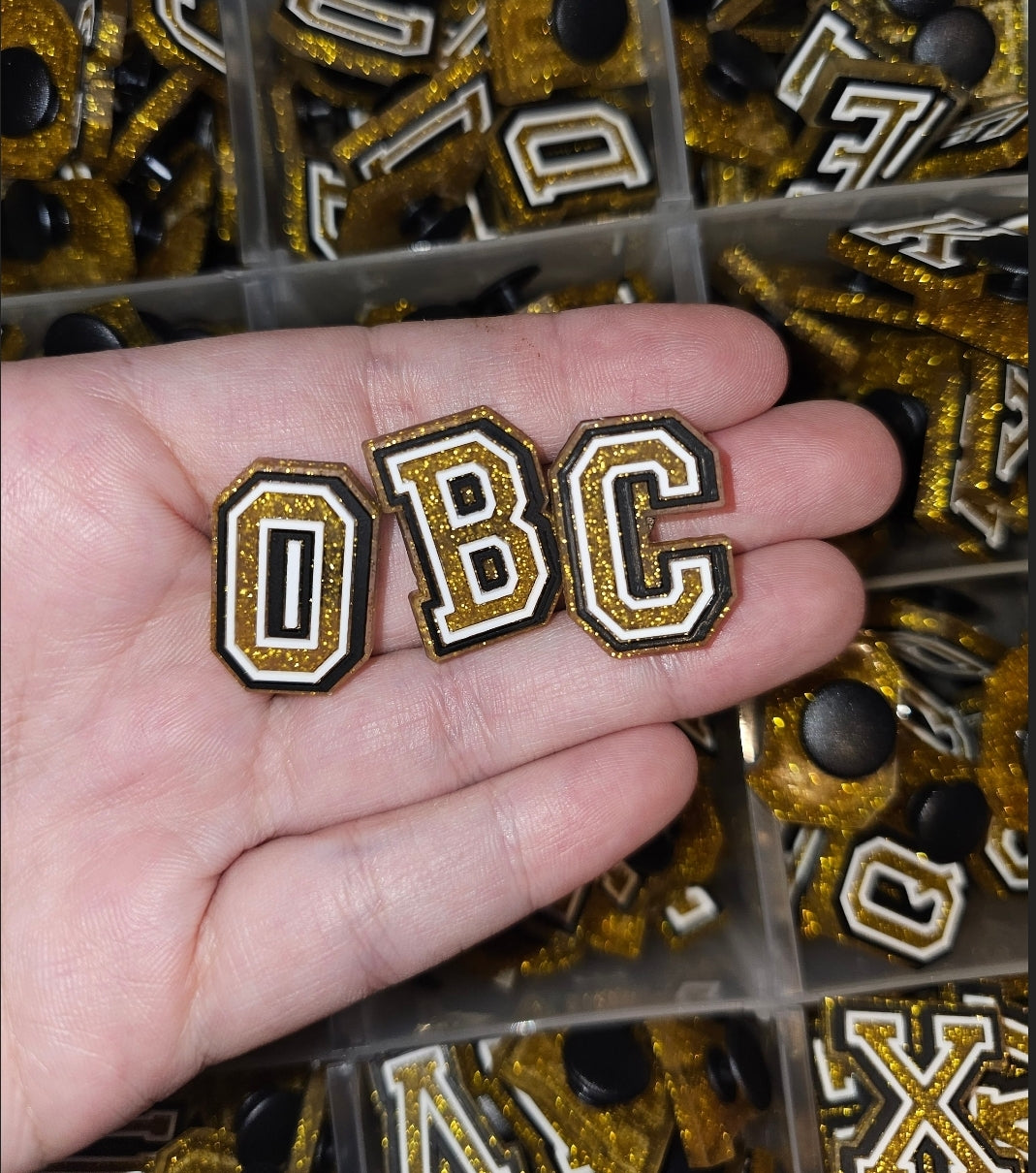 Gold glitter letter shoe charms