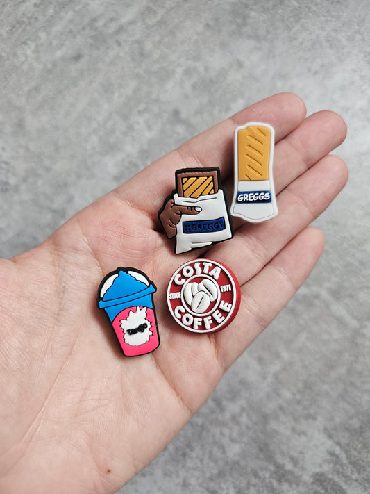 Food shoe charms, greggs, Costa tango