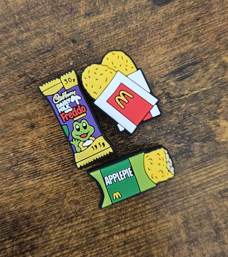 Food shoe charm, chocolate, hash brown, apple pie