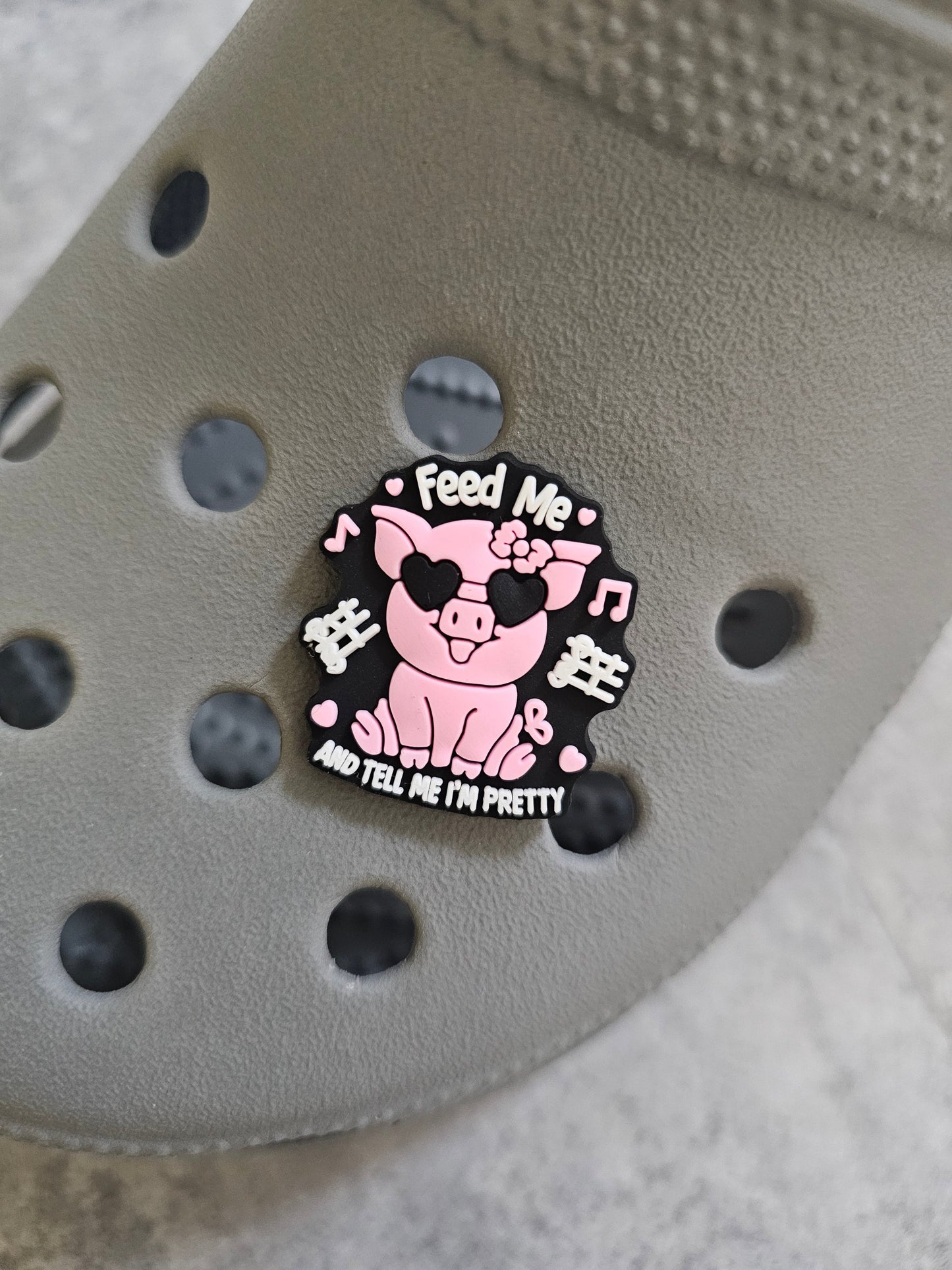 Feed me and tell me I'm pretty pig shoe charm, funny, meme