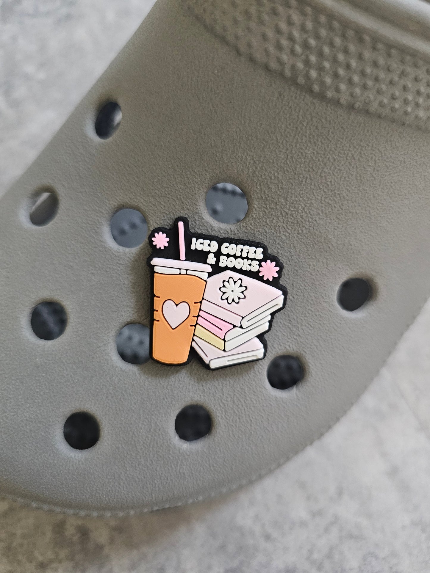 Iced coffee and books shoe charm