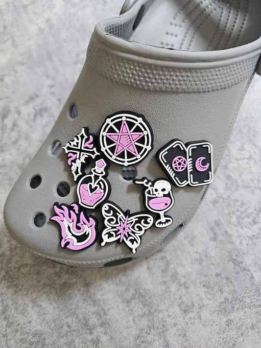 Purple and black gothic shoe charms, halloween, spooky, checkerboard