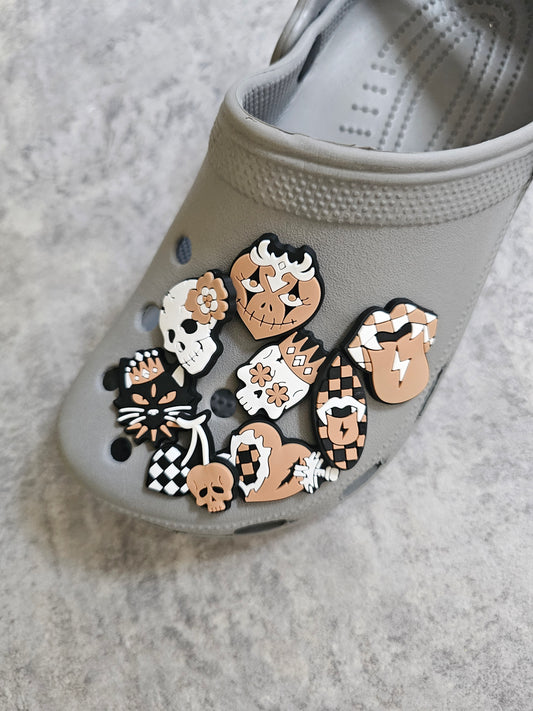 Beige gothic shoe charms, halloween, spooky, checkerboard
