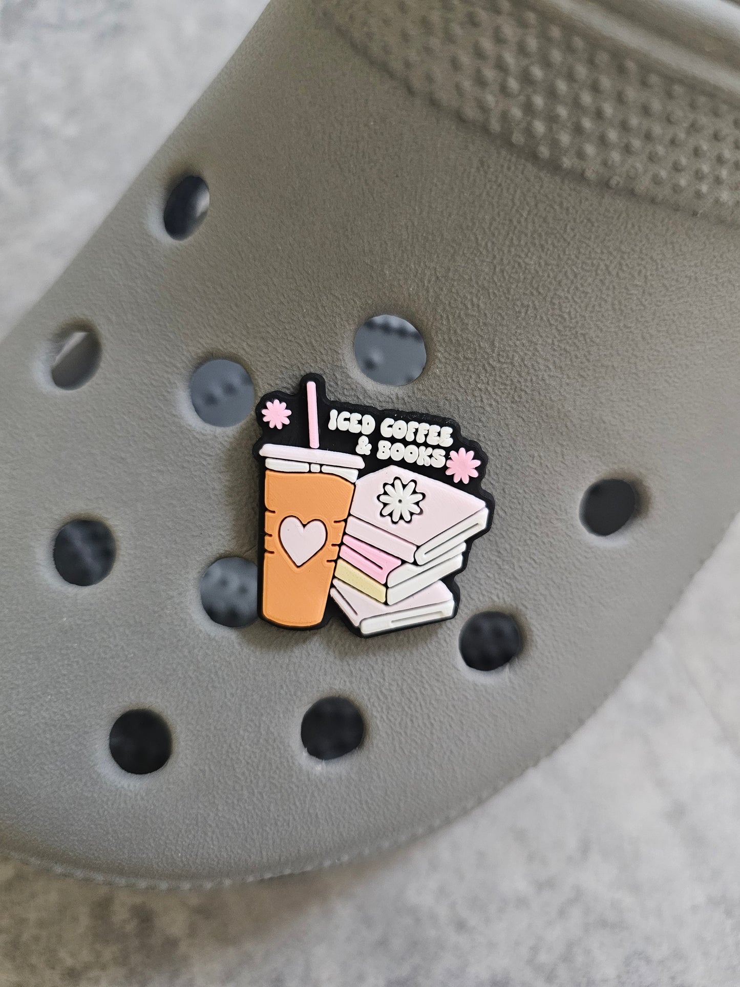 Iced coffee and books shoe charm