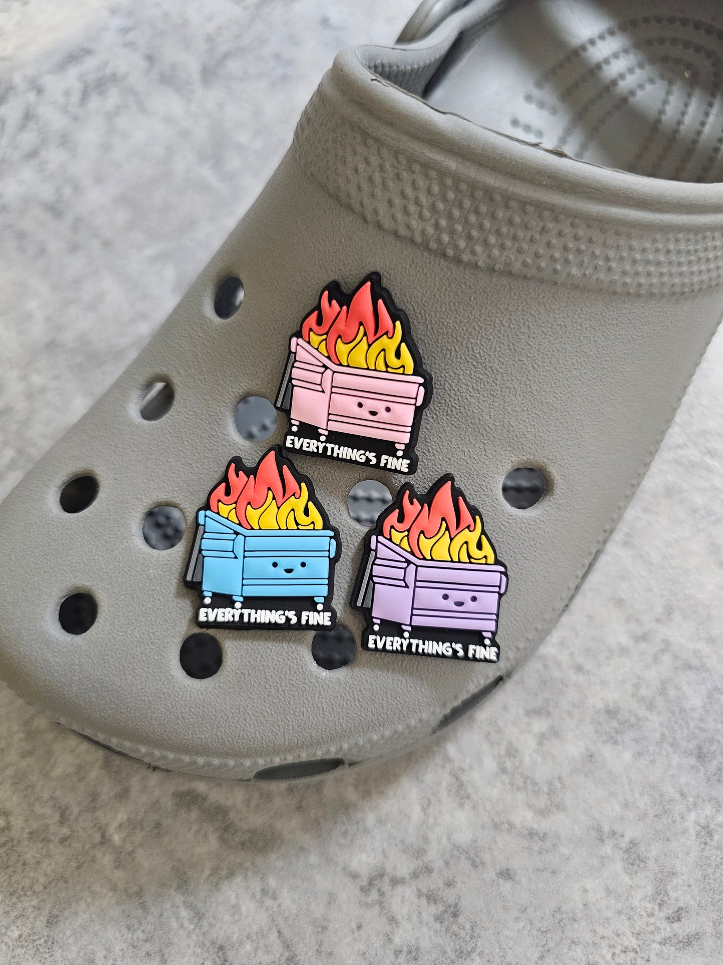 Everything's fine bin shoe charm, funny, humour, meme