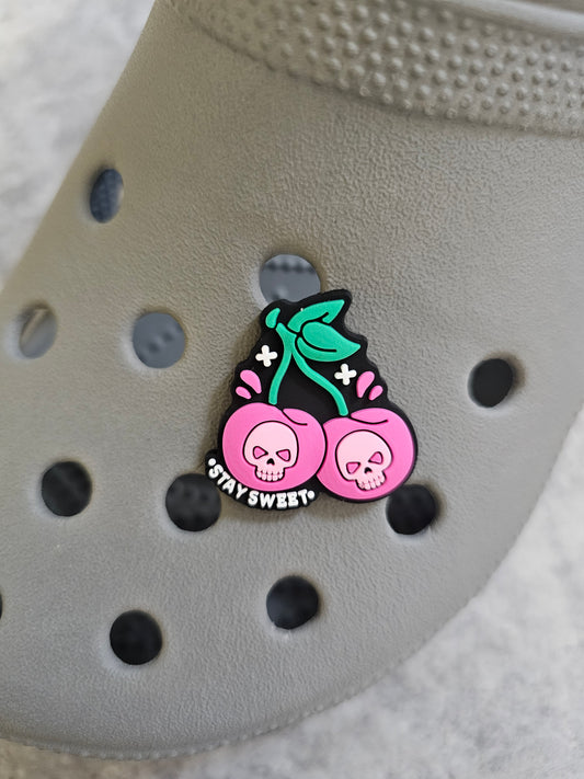 Pink cherries with skulls, stay sweet shoe charm