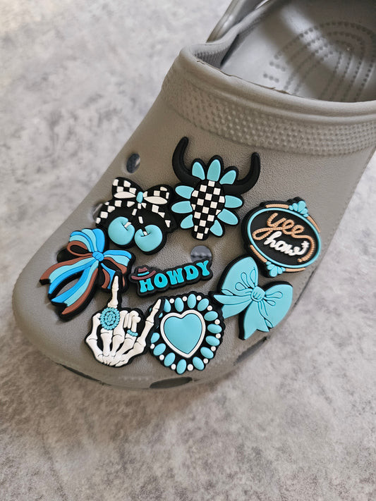 Country and western, blue and turquoise shoe charms. Cowboy, cowgirl, Country, western accessories
