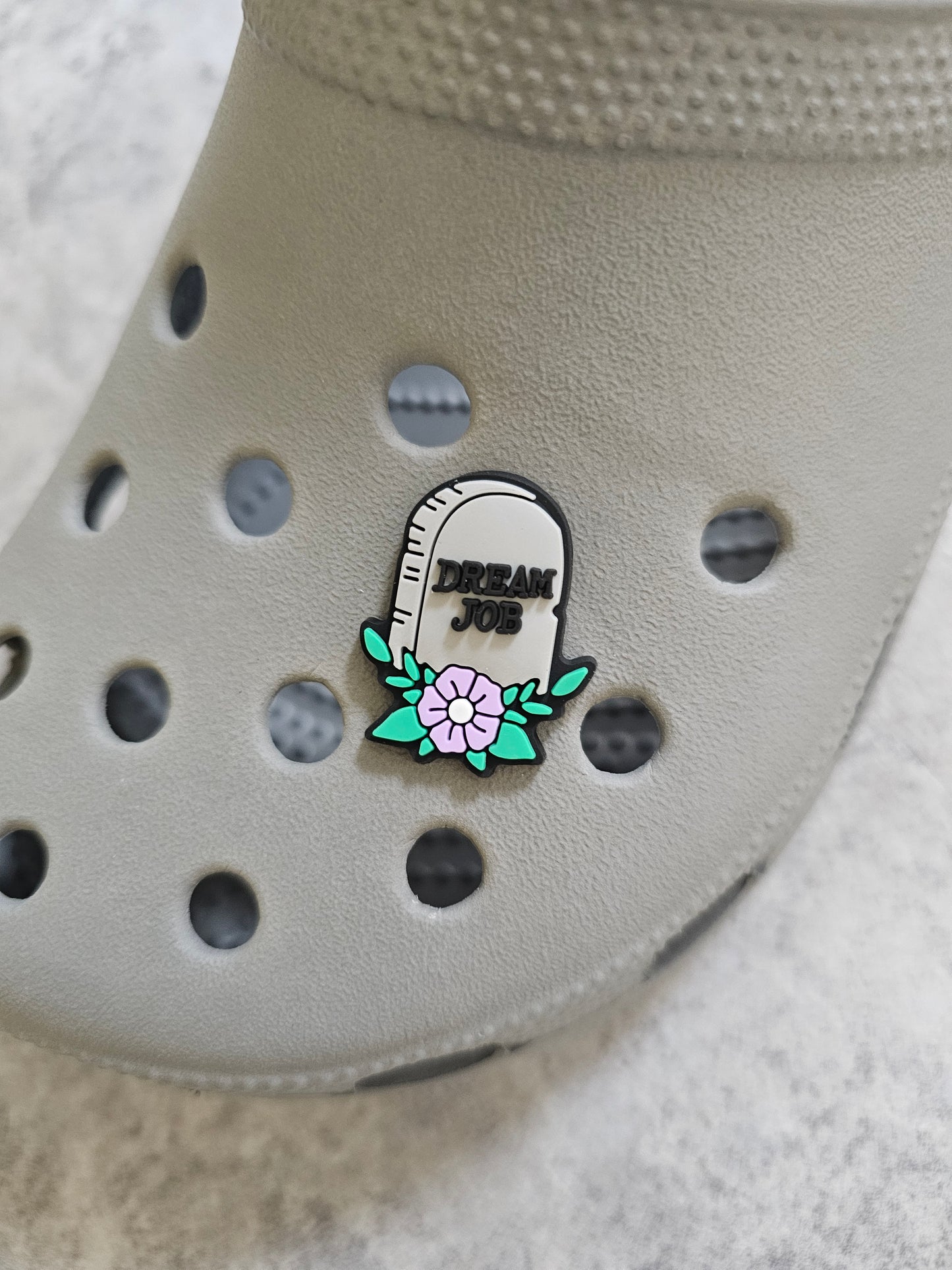 Dream job gravestone shoe charm, funny, meme, gothic